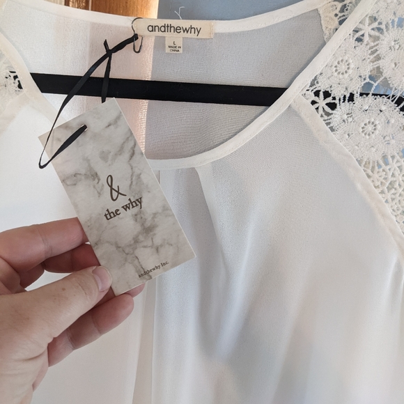 NWT andthewhy Lace Embroidered Sleeves White Sheer Top SZ Large Very 😍 - Picture 3 of 8